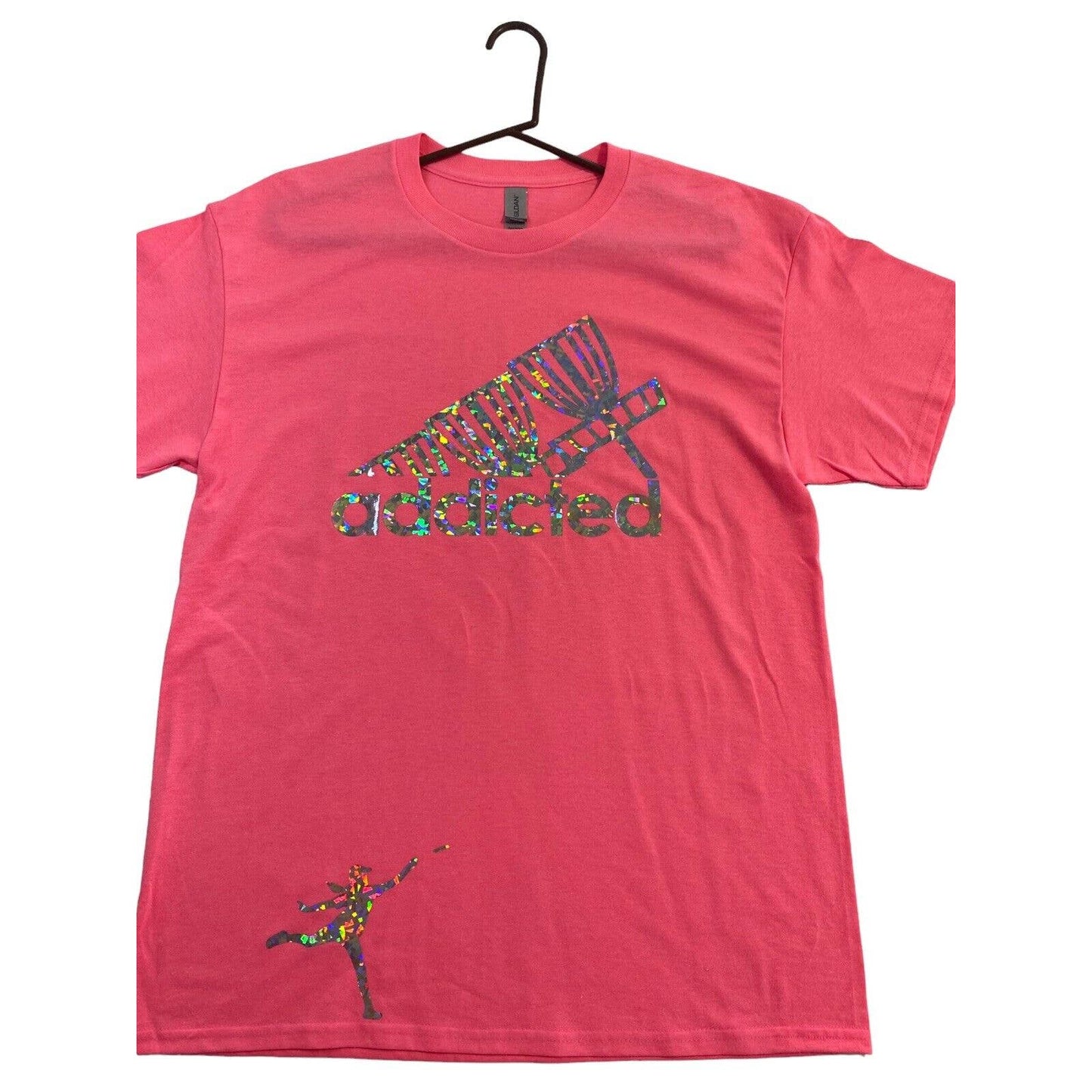 Disc Golf Shirt ADDICTED Holographic Logo L Graphic T-Shirt Gildan PINK