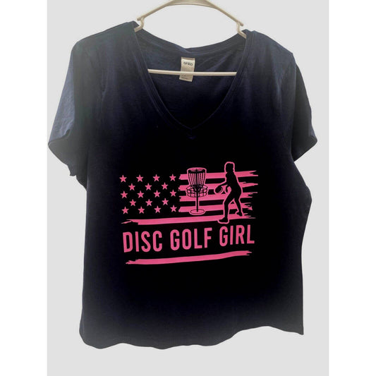 Disc Golf WOMENS V-Neck Shirt Disc Golf Girl BLACK Size 14