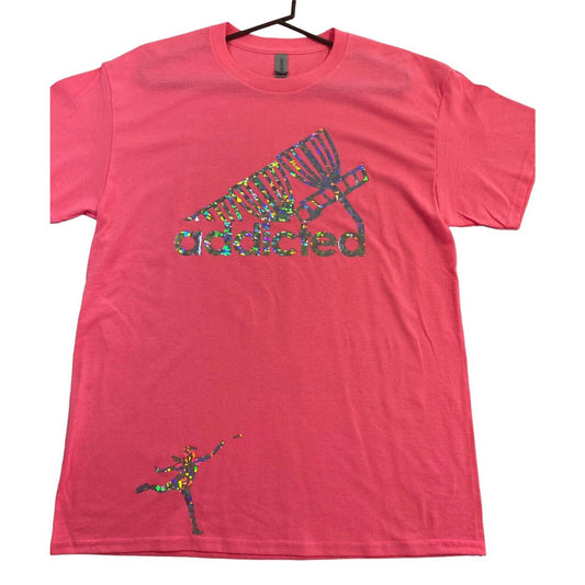 Disc Golf Shirt ADDICTED Holographic Logo L Graphic T-Shirt Gildan PINK