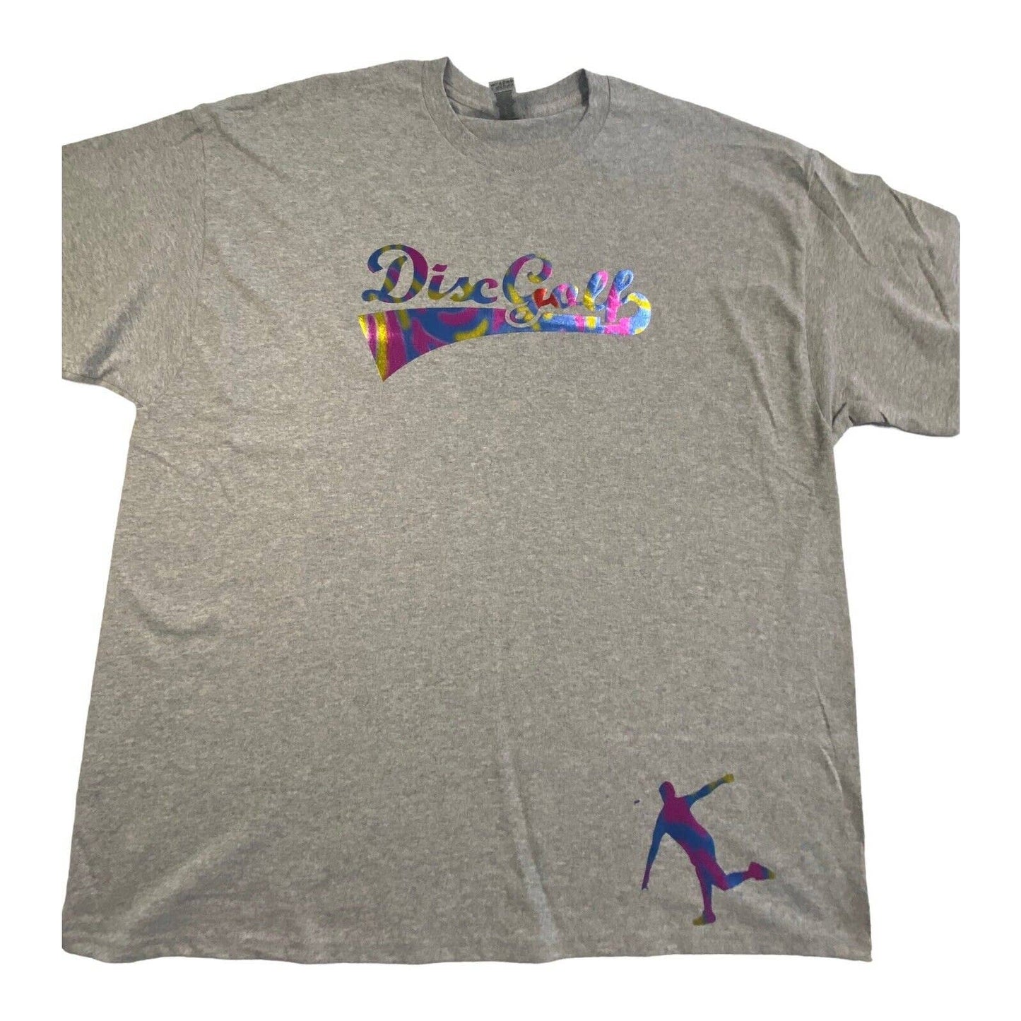 Disc Golf Shirt RAINBOW HOLOGRAPHIC BASKET Logo 2XL Graphic T-Shirt Gildan Grey