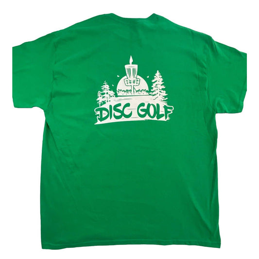 Disc Golf Shirt BASKET TREE SCENE Disc Golfer XL Graphic T-Shirt Gildan GREEN